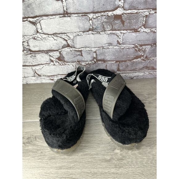 UGG Fuzzita Black Fur Slingback Slipper Platform Sandals Women 10US/41EU 1135237 - Picture 13 of 16